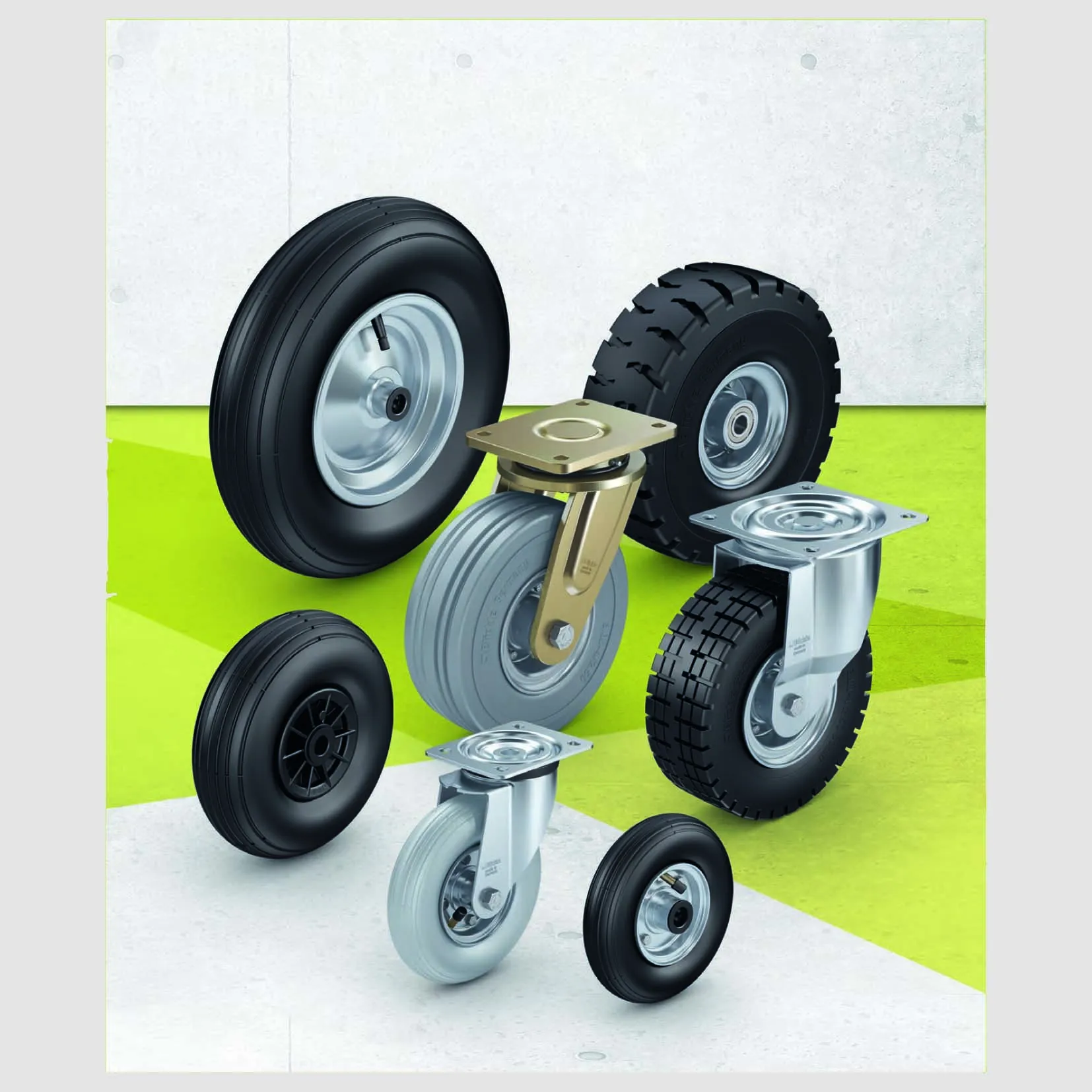 Wheels and castors with pneumatic tyres and superelastic solid rubber tyres Castors and Wheel